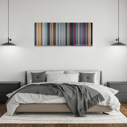 Monsters vs. Aliens color palette canvas above a bed, between two black pendant lamps