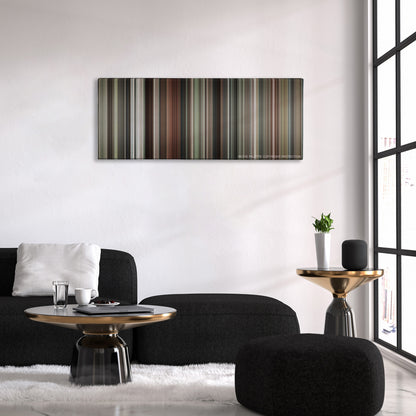 Burn After Reading color palette canvas above a black sofa with a gold-topped table