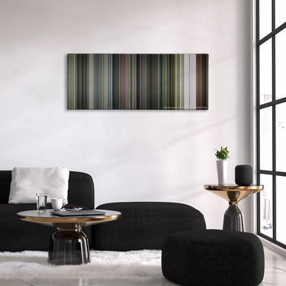 Shooter color palette canvas above a black sofa with a gold-topped table