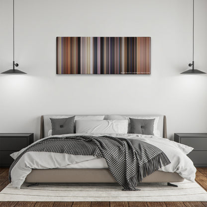 Johnny English color palette canvas above a bed, between two black pendant lamps