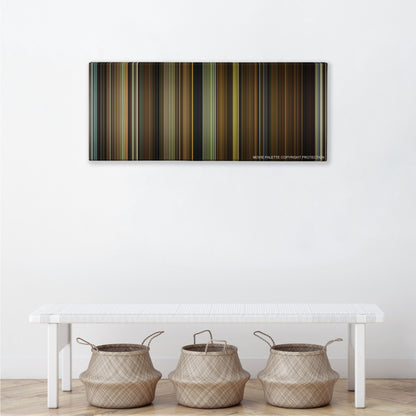 Split color palette canvas above a white bench with three woven baskets