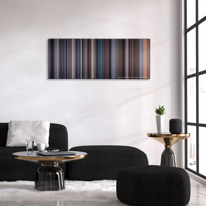 Equilibrium color palette canvas above a black sofa with a gold-topped table