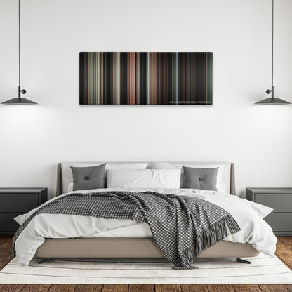 The Uninvited color palette canvas above a bed, between two black pendant lamps
