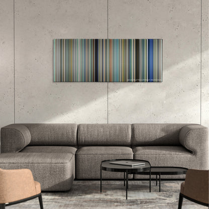 A Silent Voice: The Movie color palette canvas on a concrete wall above a gray sectional sofa