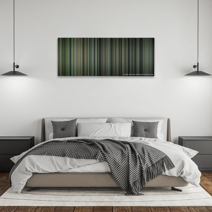 Man on a Ledge color palette canvas above a bed, between two black pendant lamps