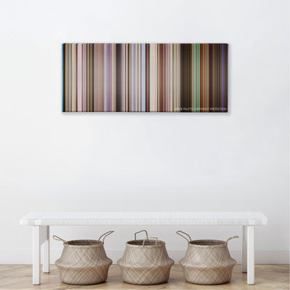 Raatchasan color palette canvas above a white bench with three woven baskets