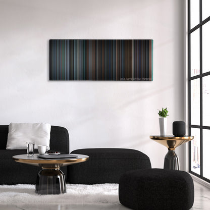 Being John Malkovich color palette canvas above a black sofa with a gold-topped table