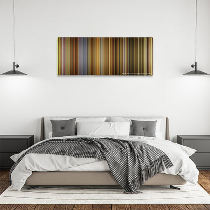 Andhadhun color palette canvas above a bed, between two black pendant lamps
