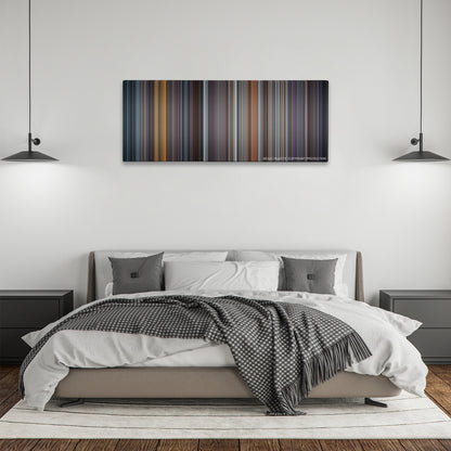 Spy Game color palette canvas above a bed, between two black pendant lamps