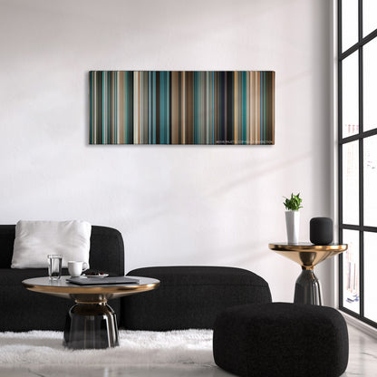 Lord of War color palette canvas above a black sofa with a gold-topped table