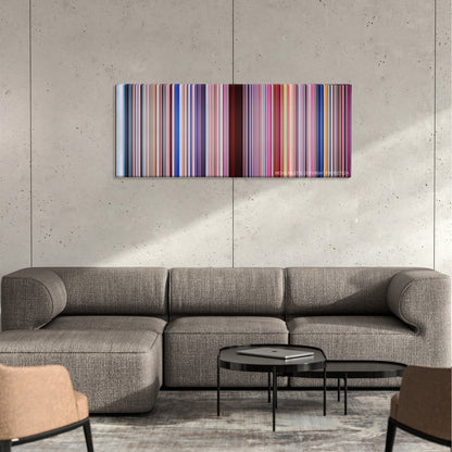 Neon Genesis Evangelion: The End of Evangelion color palette canvas on a concrete wall above a gray sectional sofa