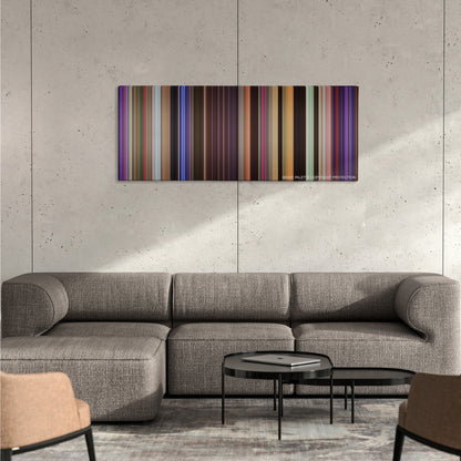 Pitch Perfect 2 color palette canvas on a concrete wall above a gray sectional sofa