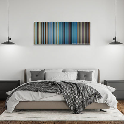 I Am Sam color palette canvas above a bed, between two black pendant lamps