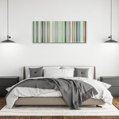 The Girl Who Leapt Through Time color palette canvas above a bed, between two black pendant lamps