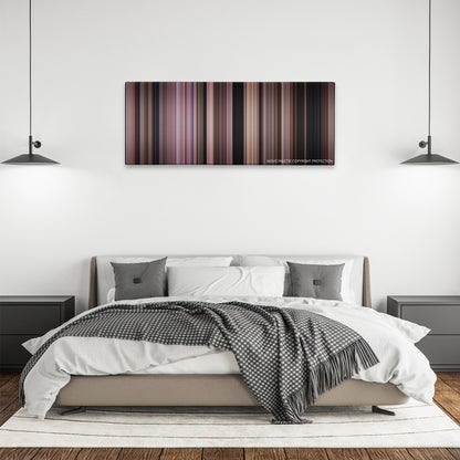 Uncle Buck color palette canvas above a bed, between two black pendant lamps