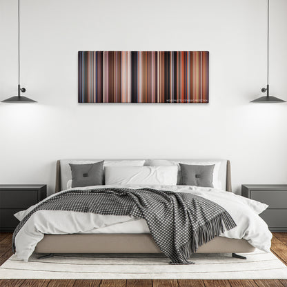 The Adventures of Priscilla, Queen of the Desert color palette canvas above a bed, between two black pendant lamps