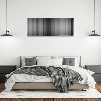 The Wages of Fear color palette canvas above a bed, between two black pendant lamps