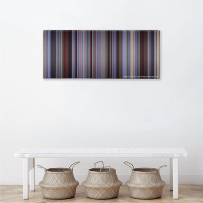 The 40-Year-Old Virgin color palette canvas above a white bench with three woven baskets