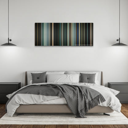 Mr. Brooks color palette canvas above a bed, between two black pendant lamps