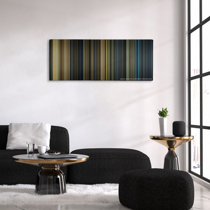 Real Steel color palette canvas above a black sofa with a gold-topped table