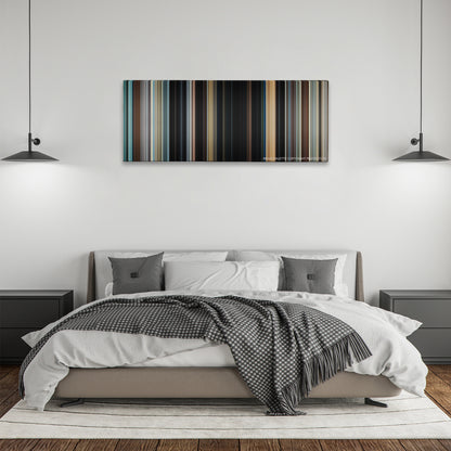 Dirty Harry color palette canvas above a bed, between two black pendant lamps