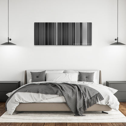 The Passion of Joan of Arc color palette canvas above a bed, between two black pendant lamps