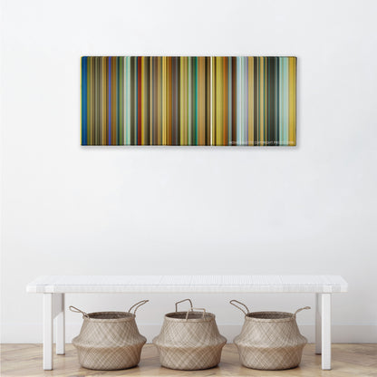 The Theory of Everything color palette canvas above a white bench with three woven baskets