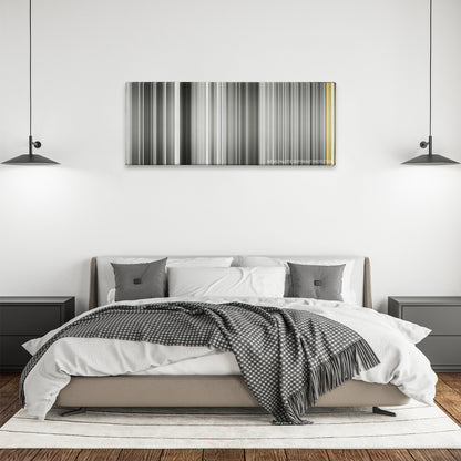 Andrei Rublev color palette canvas above a bed, between two black pendant lamps
