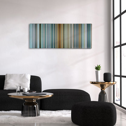 The Island color palette canvas above a black sofa with a gold-topped table