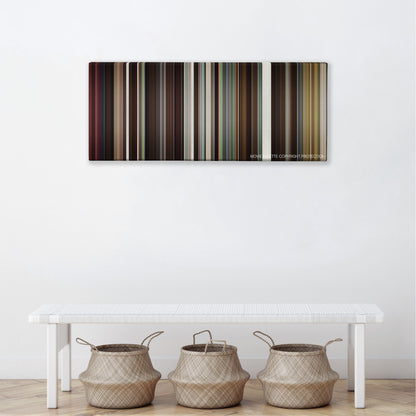 Something Borrowed color palette canvas above a white bench with three woven baskets