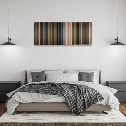 The Imaginarium of Doctor Parnassus color palette canvas above a bed, between two black pendant lamps