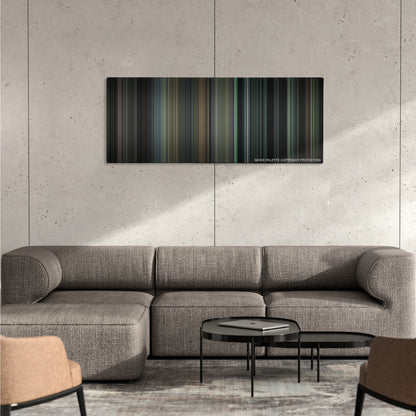 Inside Llewyn Davis color palette canvas on a concrete wall above a gray sectional sofa