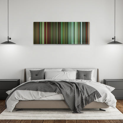 Shoot 'Em Up color palette canvas above a bed, between two black pendant lamps