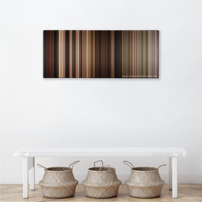 Back to the Future Part III color palette canvas above a white bench with three woven baskets