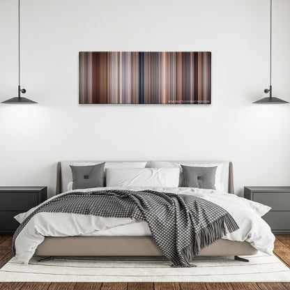 Bull Durham color palette canvas above a bed, between two black pendant lamps