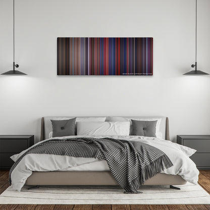 The Running Man color palette canvas above a bed, between two black pendant lamps