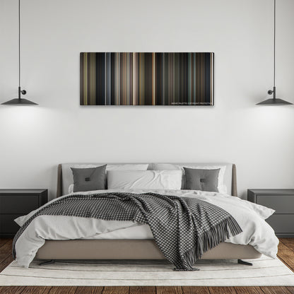 Annabelle color palette canvas above a bed, between two black pendant lamps