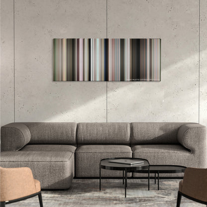 The Way, Way Back color palette canvas on a concrete wall above a gray sectional sofa