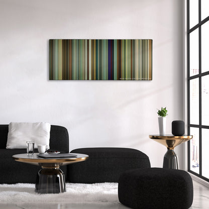 Tenet color palette canvas above a black sofa with a gold-topped table