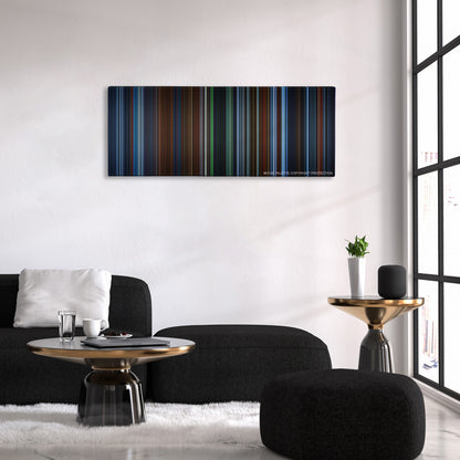 Hellboy color palette canvas above a black sofa with a gold-topped table