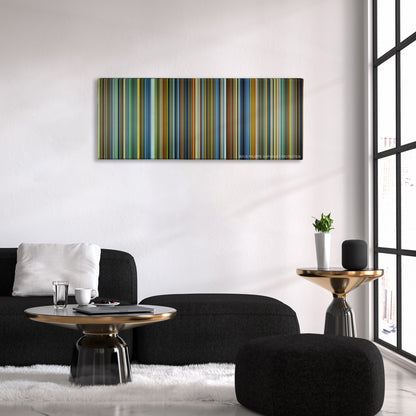 Contagion color palette canvas above a black sofa with a gold-topped table