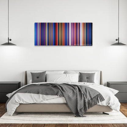 Fantasia color palette canvas above a bed, between two black pendant lamps