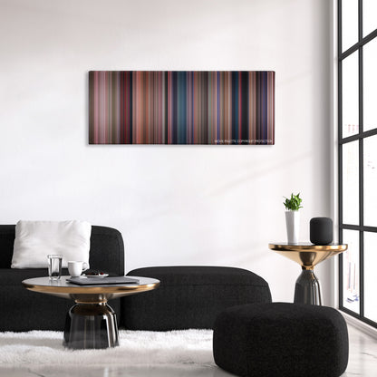 Heathers color palette canvas above a black sofa with a gold-topped table