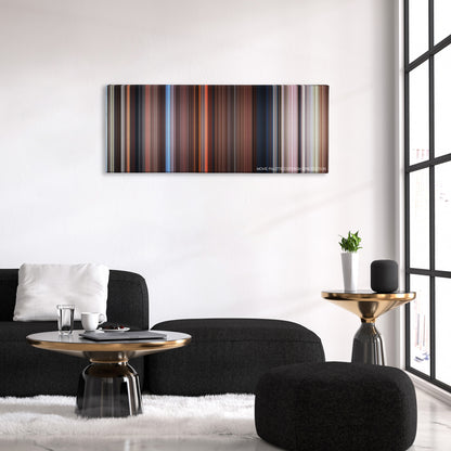 Far and Away color palette canvas above a black sofa with a gold-topped table