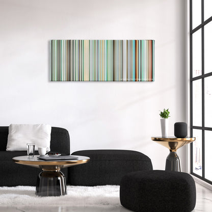 The Girl Who Leapt Through Time color palette canvas above a black sofa with a gold-topped table