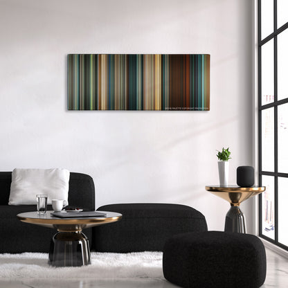 Seven Pounds color palette canvas above a black sofa with a gold-topped table