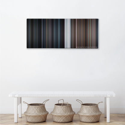 Room color palette canvas above a white bench with three woven baskets