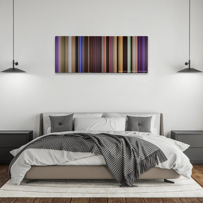 Pitch Perfect 2 color palette canvas above a bed, between two black pendant lamps