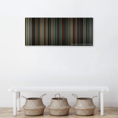 Colossal color palette canvas above a white bench with three woven baskets