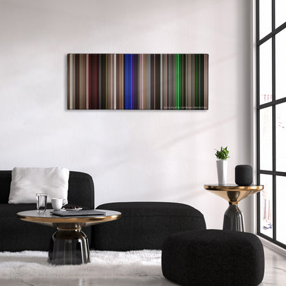 Neighbors color palette canvas above a black sofa with a gold-topped table